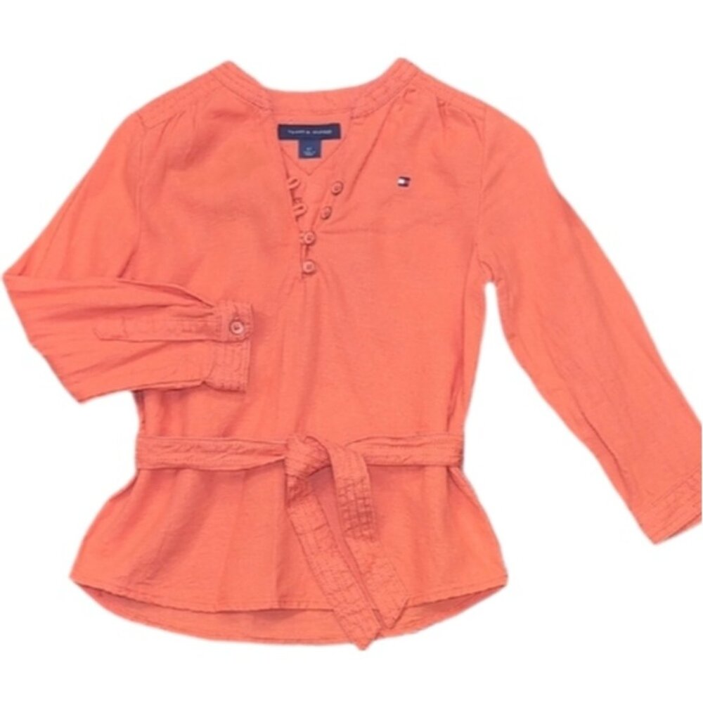 Tommy Hilfiger Girls Long Sleeve Blouse 4T Linen Blend Salmon Orange Belted